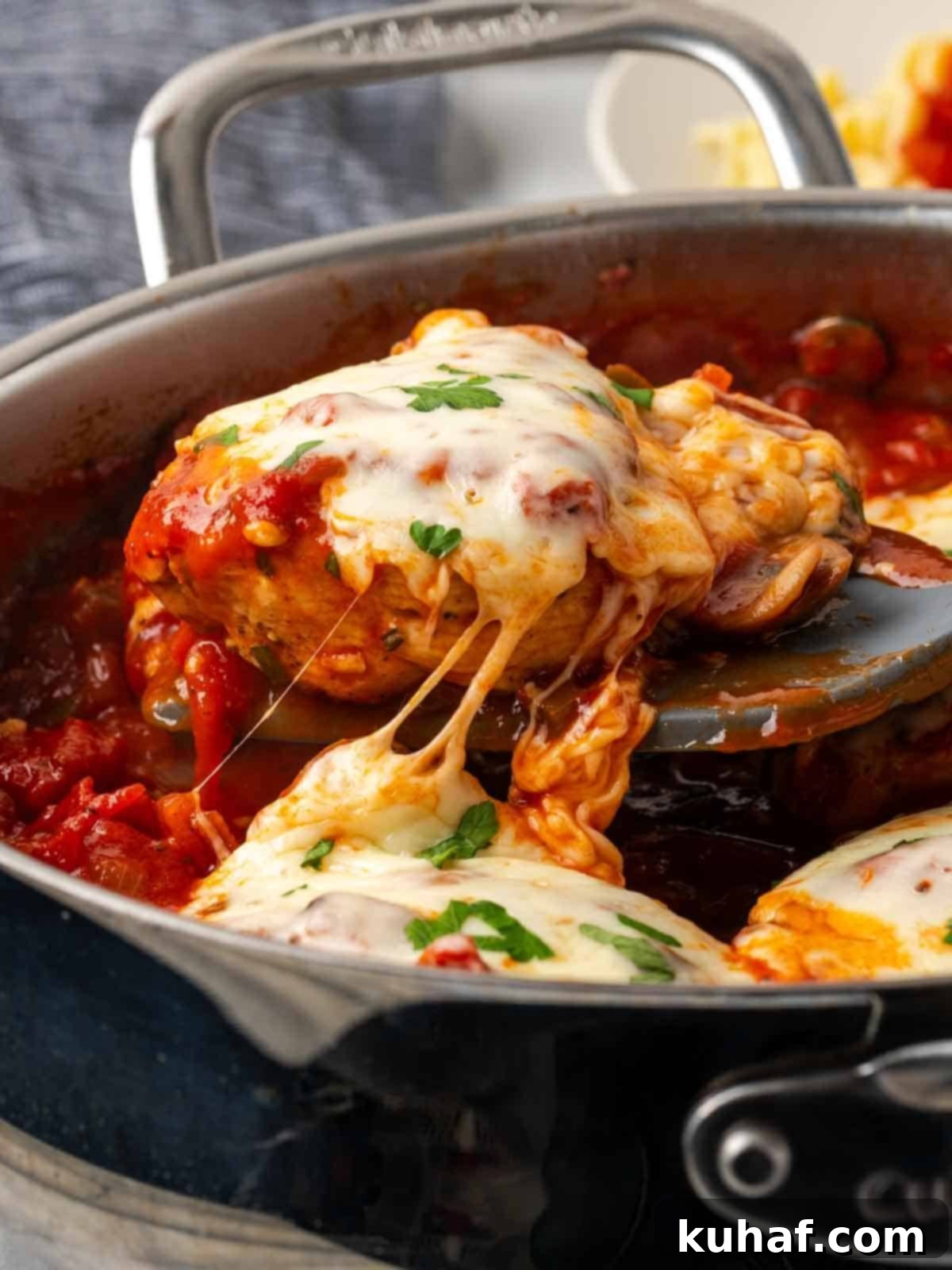 Sun-Kissed Marinara Chicken 3 cheese pull from chicken breast in tomato sauce.