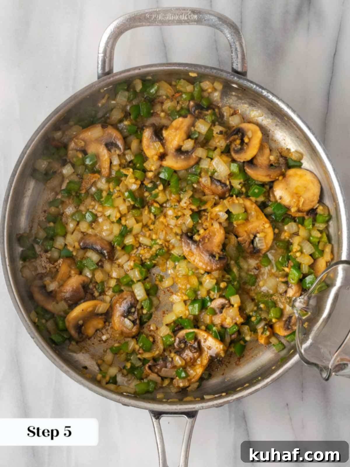 Sun-Kissed Marinara Chicken 8 sauteed vegetables with wine pouring.