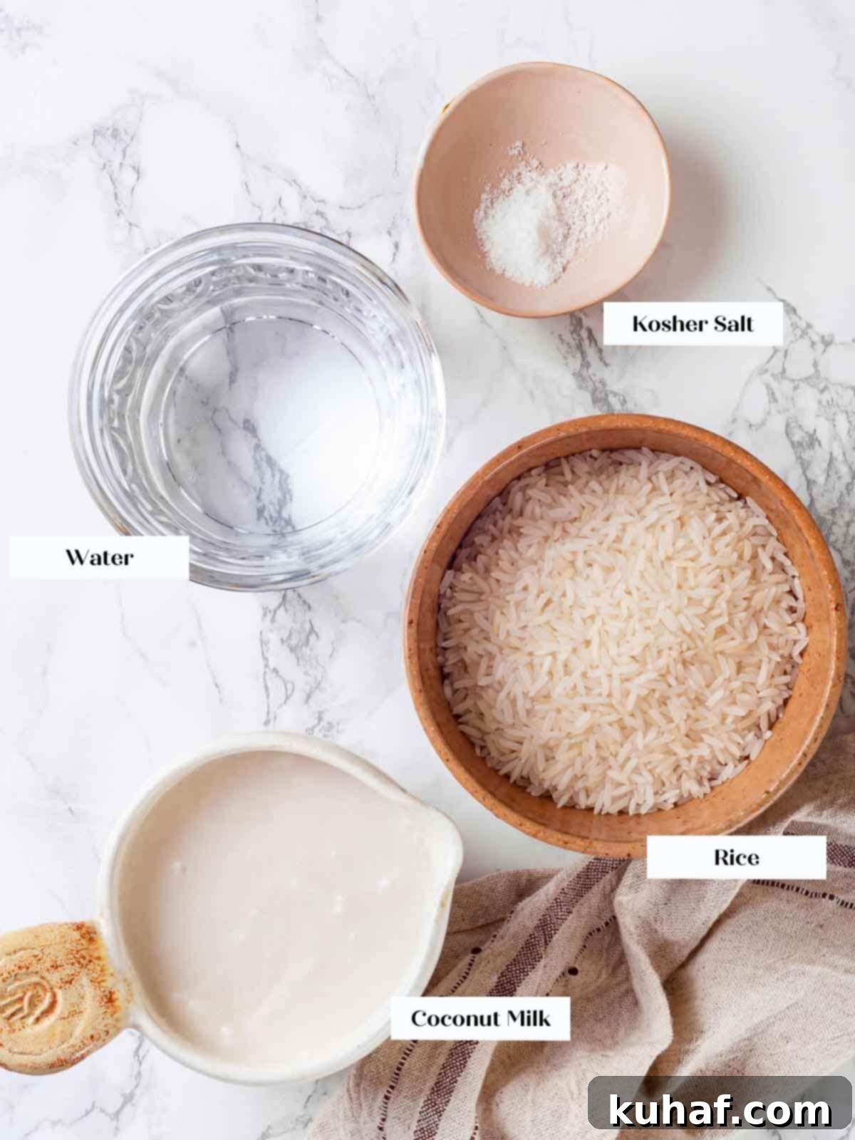 Rice ingredients: jasmine rice, coconut milk, water, and salt, ready for preparation.