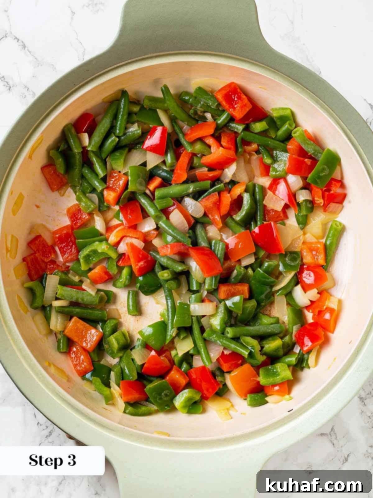 A step-by-step image of colorful vegetables like green beans, onions, and bell peppers sautéing in a skillet.