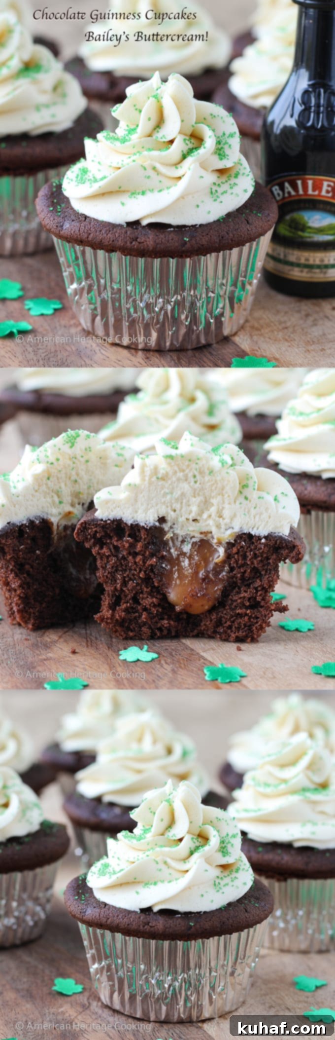 Shamrock Celebration Cupcakes 14 A beautifully decorated Chocolate Guinness Cupcake with rich Guinness cake, salted caramel filling, and creamy Bailey's Irish Cream Buttercream.