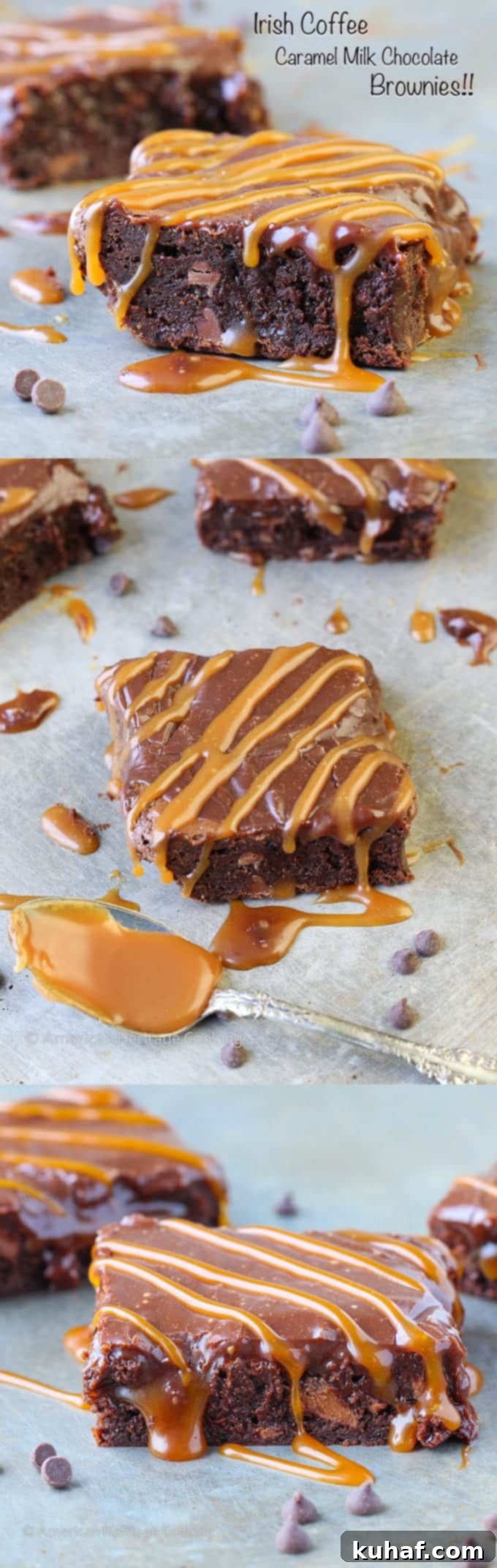 A beautifully presented Bailey's Irish Coffee Caramel Milk Chocolate Brownie, showcasing its rich fudgy texture, salted caramel drizzles, and creamy Baileys ganache.
