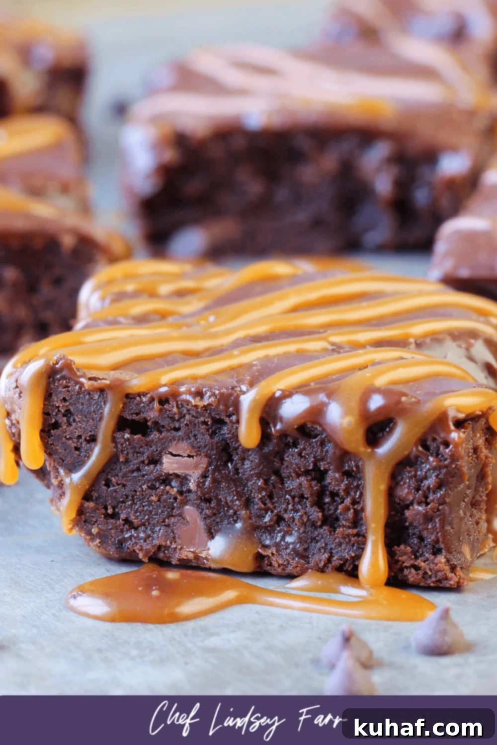 A striking image of Bailey's Irish Coffee Caramel Milk Chocolate Brownies with a distinctive purple border, emphasizing their decadent appearance and rich ingredients.