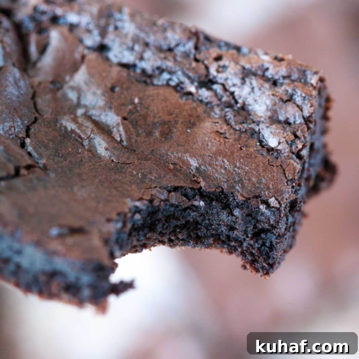 A perfectly baked, fudgy one-bowl brownie square with a bite taken out, showing its moist interior.