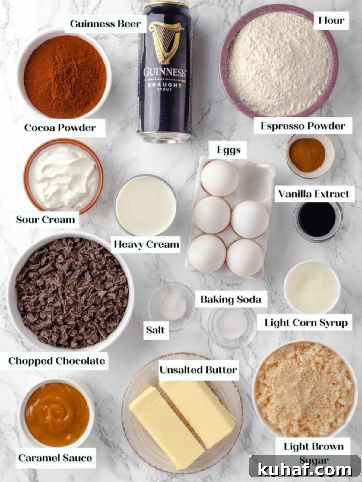 ingredients for guinness chocolate cake on marble. 