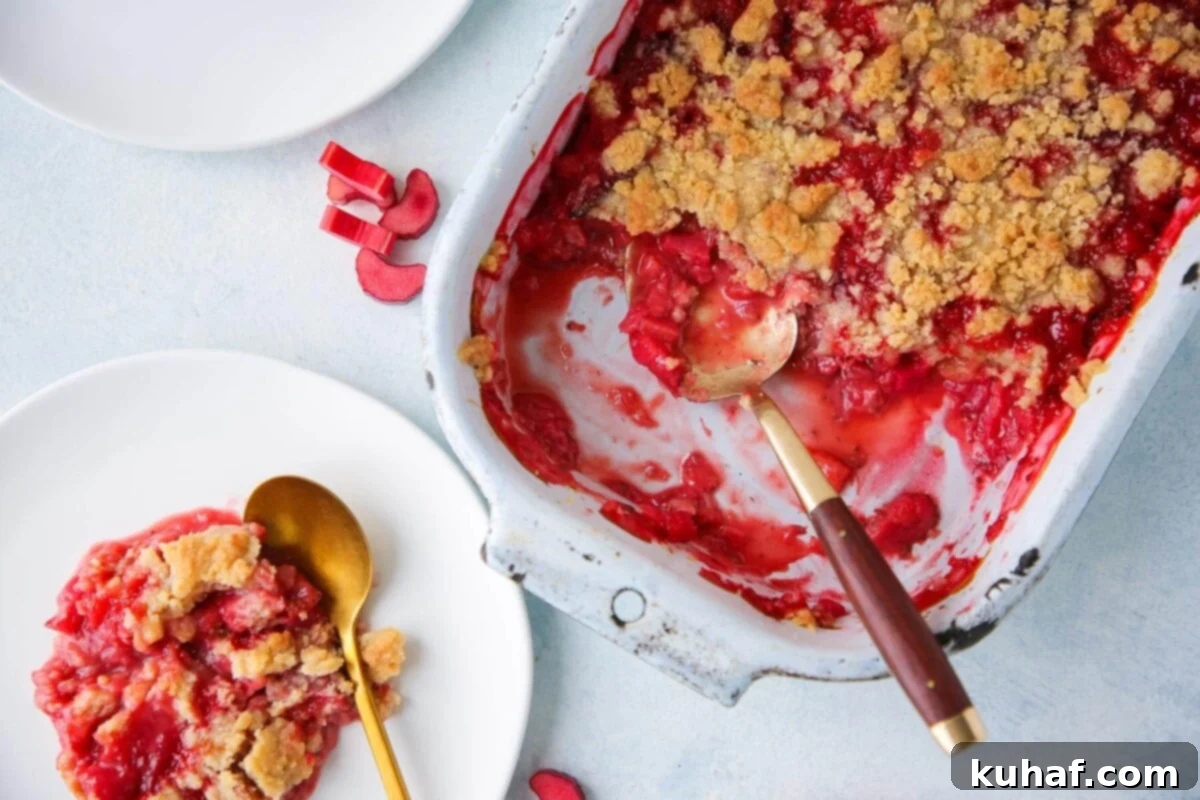 Golden spoon resting in strawberry rhubarb crumble with bubbling fruit.