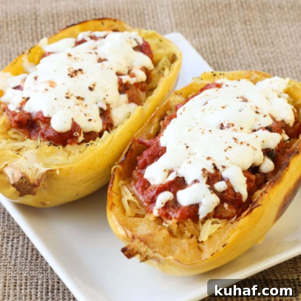 Twice Baked Spaghetti Squash with Turkey Sausage Meat Sauce