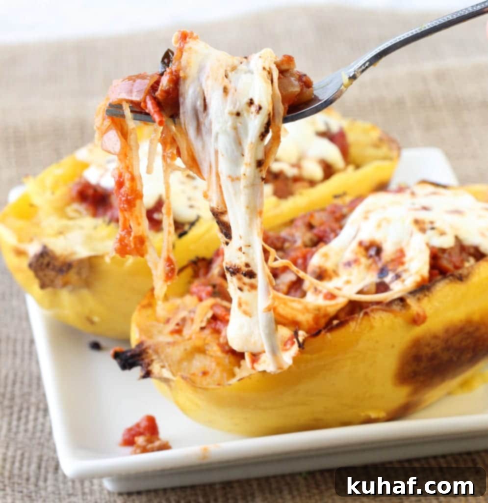 Twice Baked Spaghetti Squash with Turkey Sausage Meat Sauce