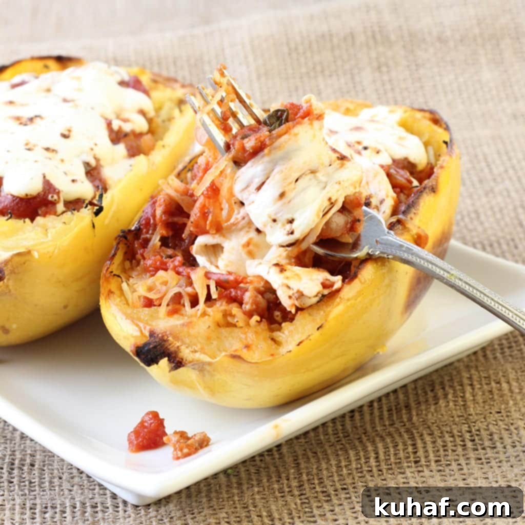 Twice Baked Spaghetti Squash with Turkey Sausage Meat Sauce