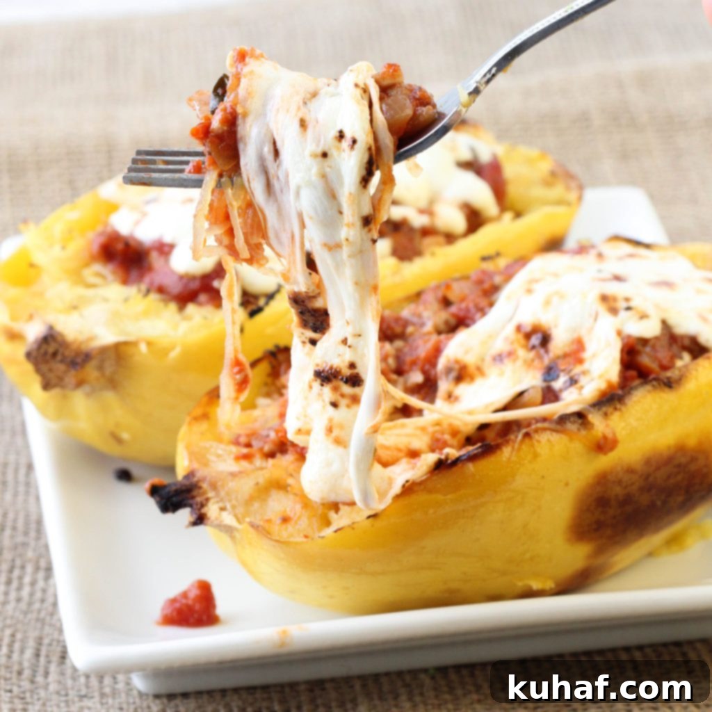 Twice Baked Spaghetti Squash with Turkey Sausage Meat Sauce
