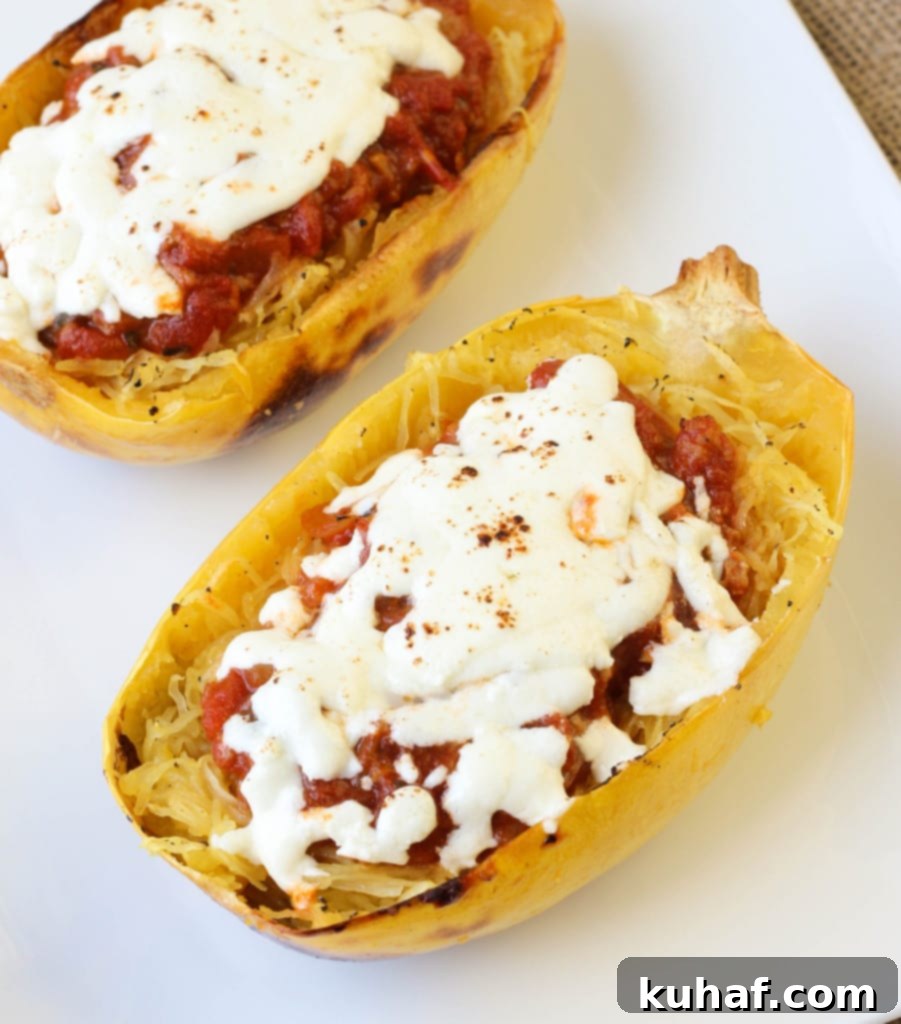 Twice Baked Spaghetti Squash with Turkey Sausage Meat Sauce