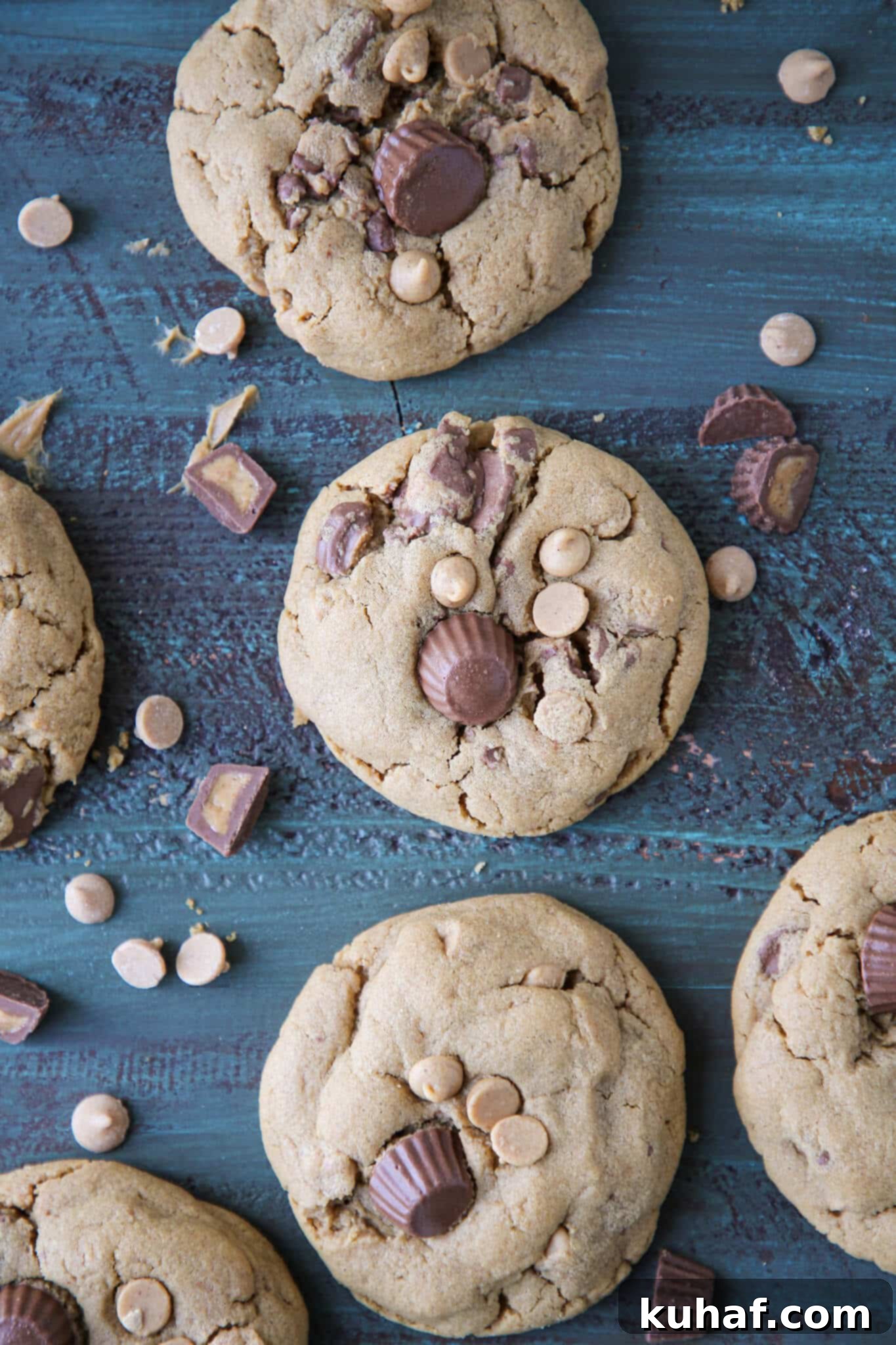 Reeses Peanut Butter Cookies arranged on wooden surface.
