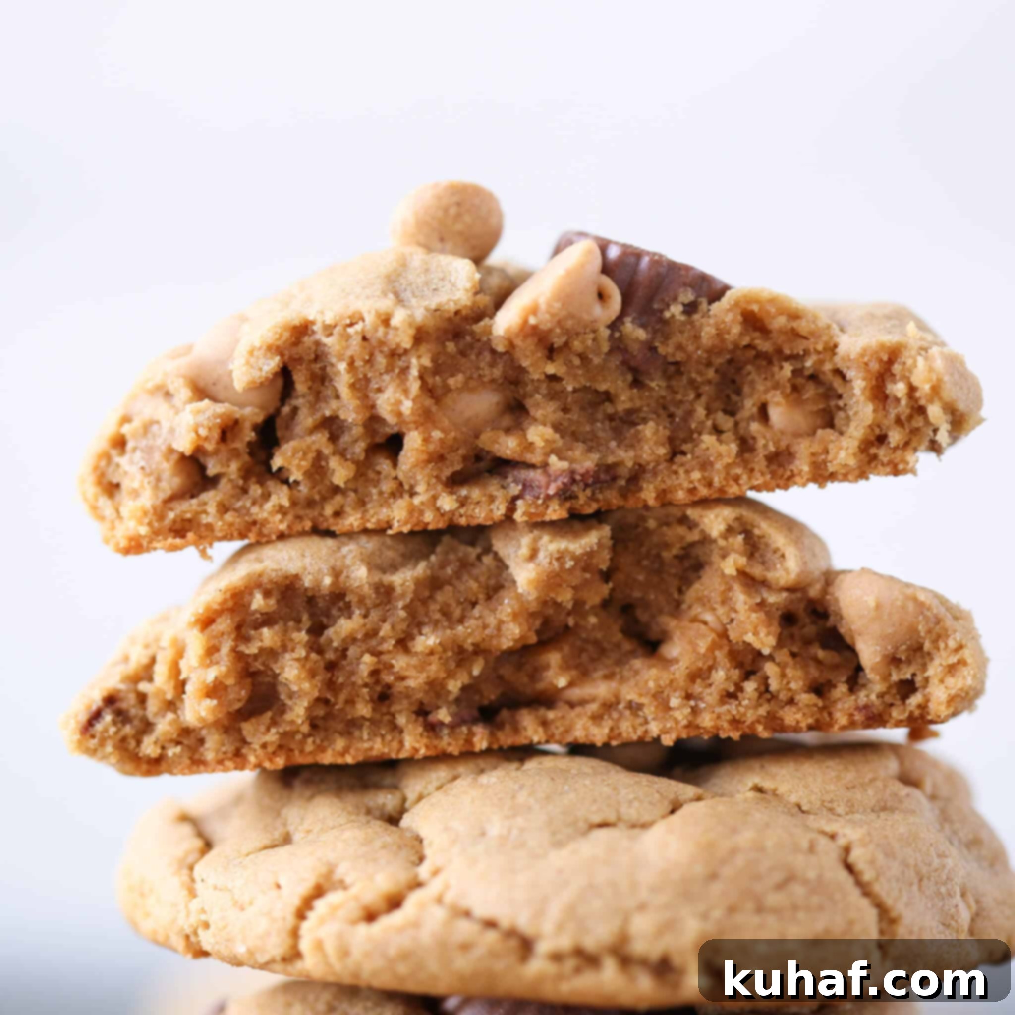 Loaded Reeses Peanut Butter Cookies broken open interior detail.