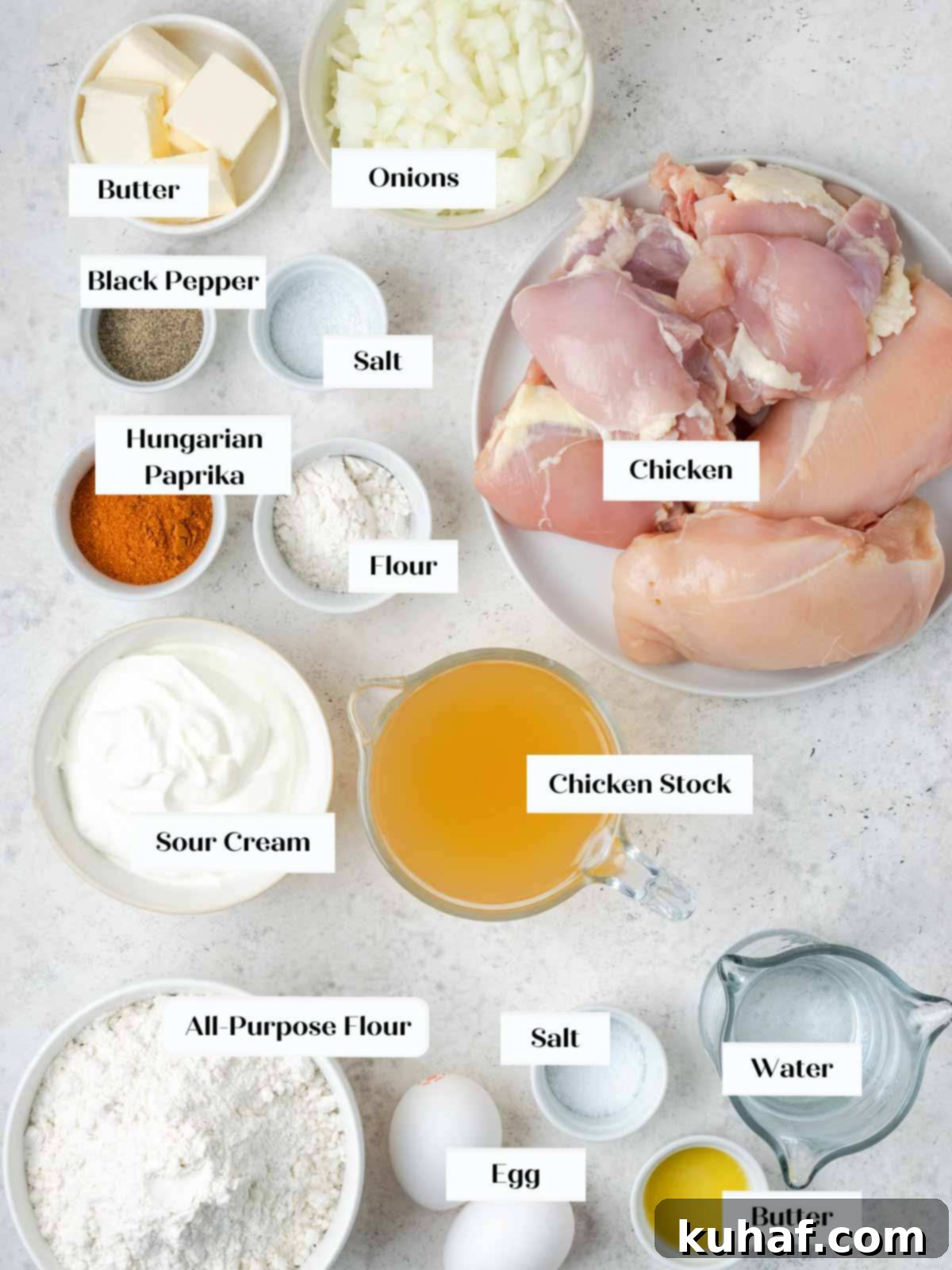 Collection of fresh ingredients for Hungarian Chicken Paprikash, including chicken, onions, butter, paprika, and sour cream.