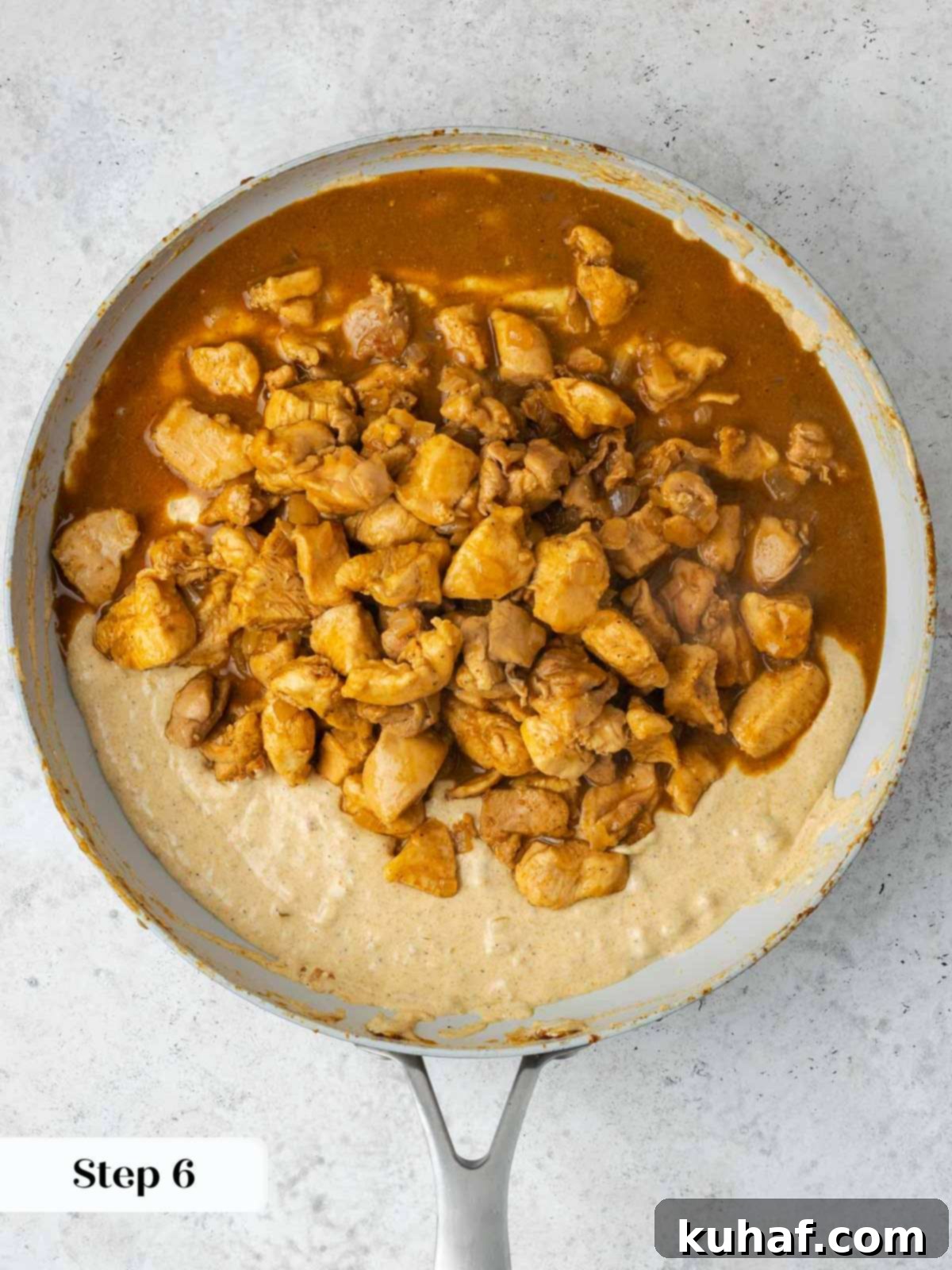 Luxurious, thickened paprika sauce with tender chicken pieces, ready for sour cream.