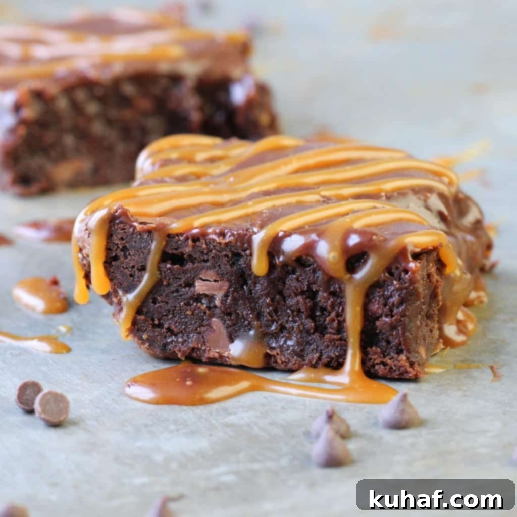 Milk Chocolate Brownies topped with caramel swirls and garnished with coffee beans
