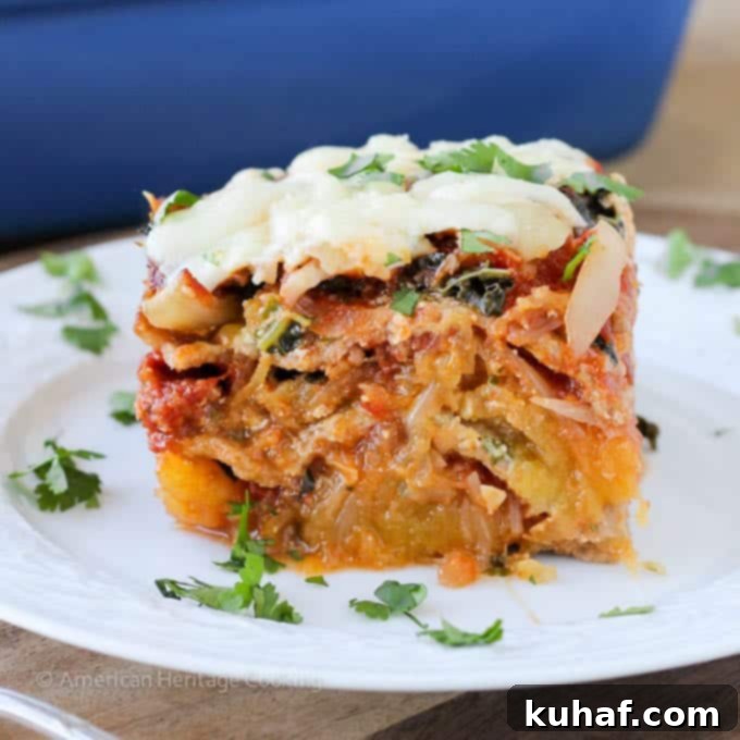 Spaghetti squash lasagna with fresh herbs on top.