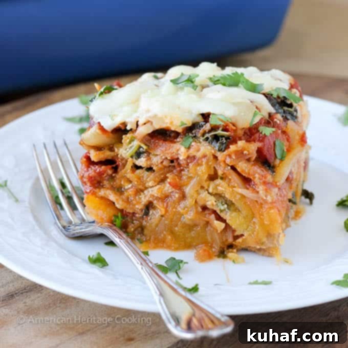 Spaghetti squash lasagna with silver fork.