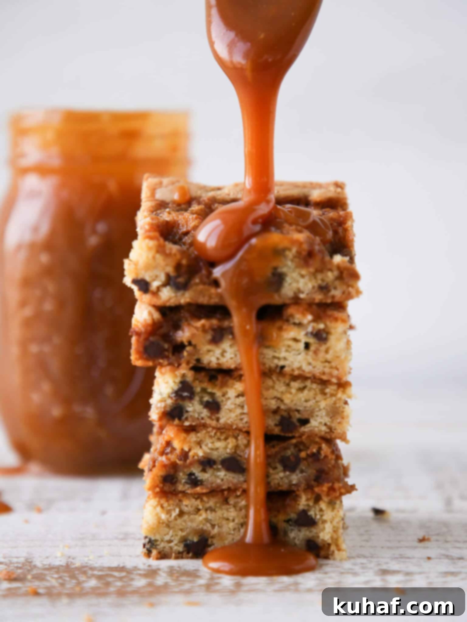 Caramel Chocolate Chip Blondies caramel pour on stack