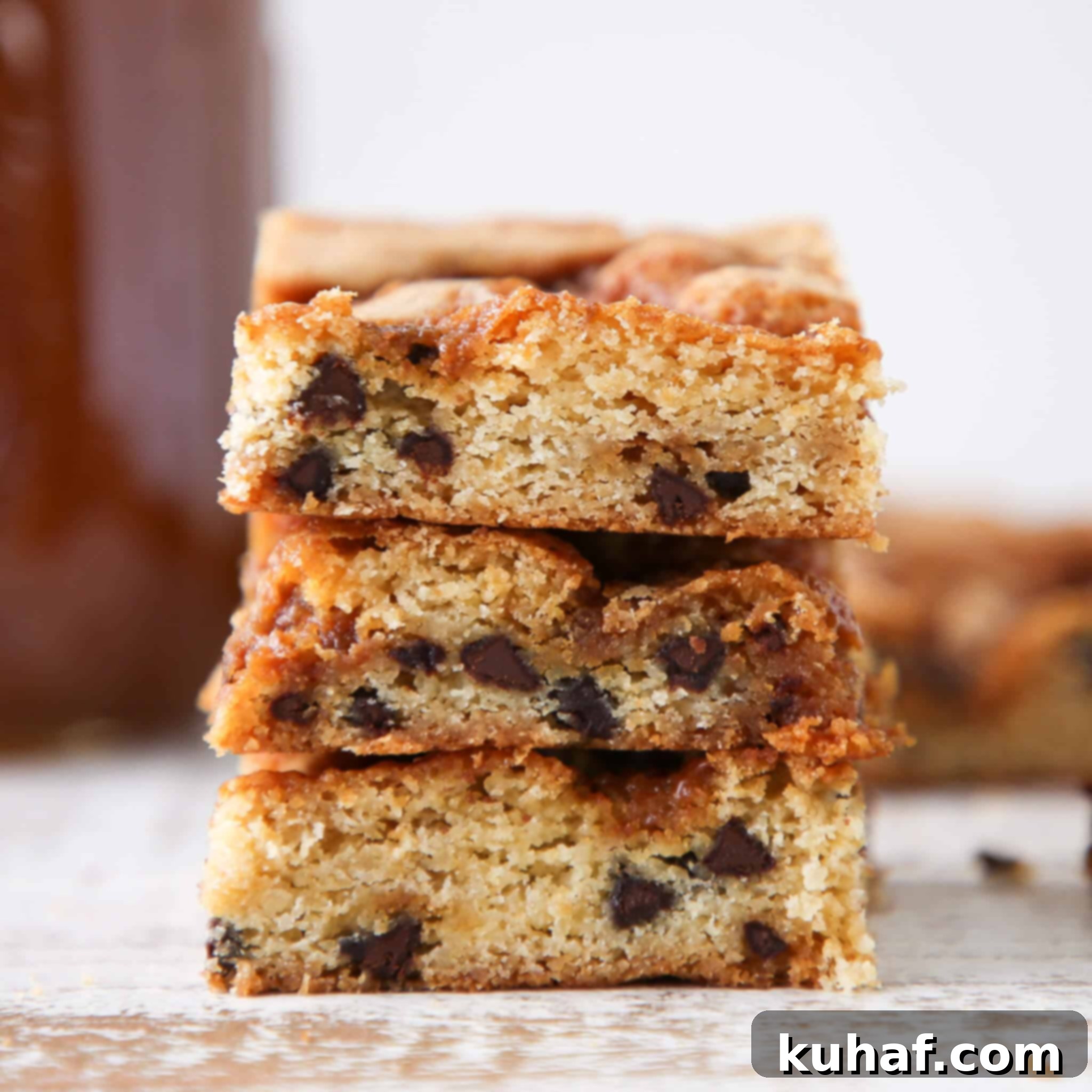 Caramel Chocolate Chip Blondies sliced stacked