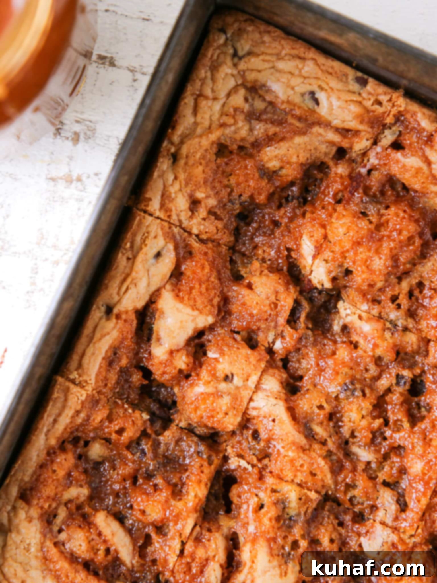 Caramel Chocolate Chip Blondies sliced in pan