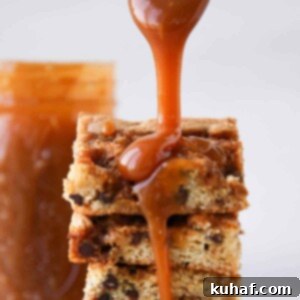 Caramel Chocolate Chip Blondies caramel pour close up detail