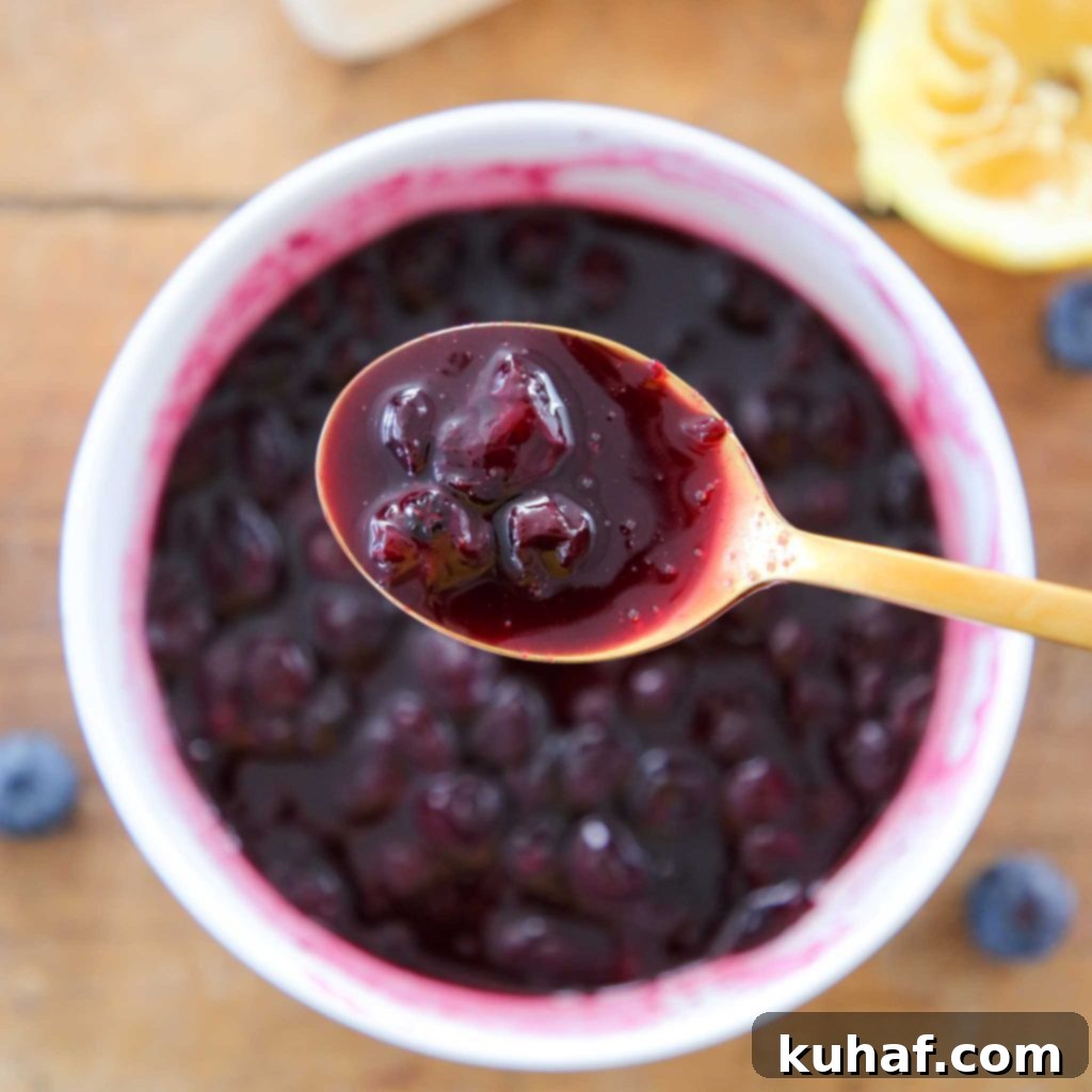 Overhead shot of a dessert topped generously with homemade blueberry sauce.