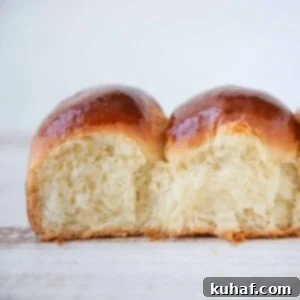 Two easy dinner rolls, fluffy interior clearly visible.