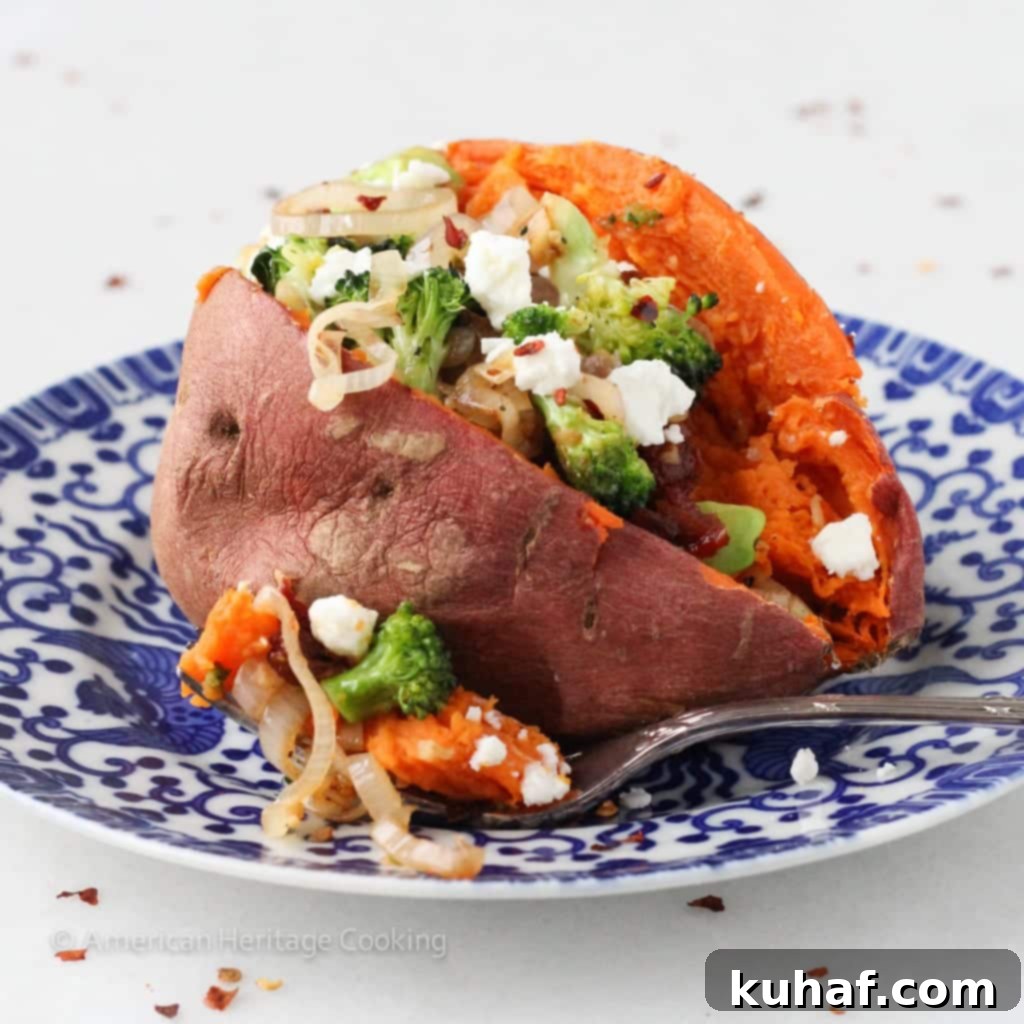 Vegetarian Stuffed Sweet Potatoes with broccoli and feta