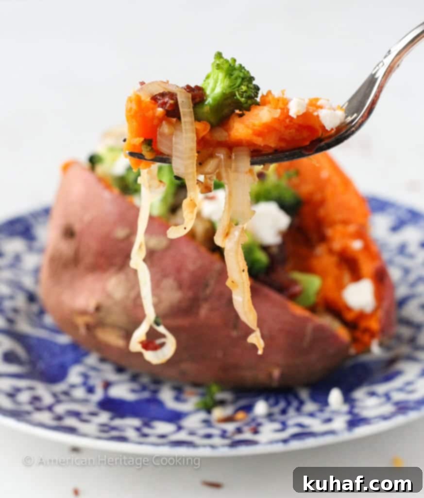 Two halves of a Vegetarian Stuffed Sweet Potato