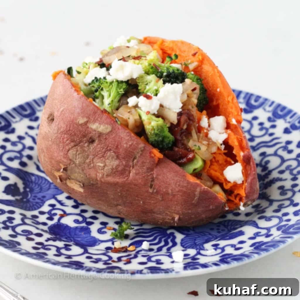 Close-up of a Vegetarian Stuffed Sweet Potato with fresh herbs