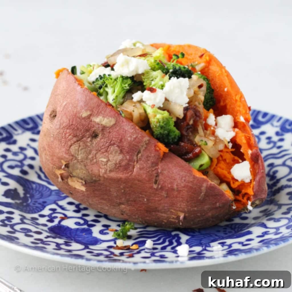 Close up of two Vegetarian Stuffed Sweet Potatoes ready to eat