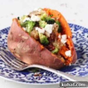 Vegetarian Stuffed Sweet Potatoes on blue plate