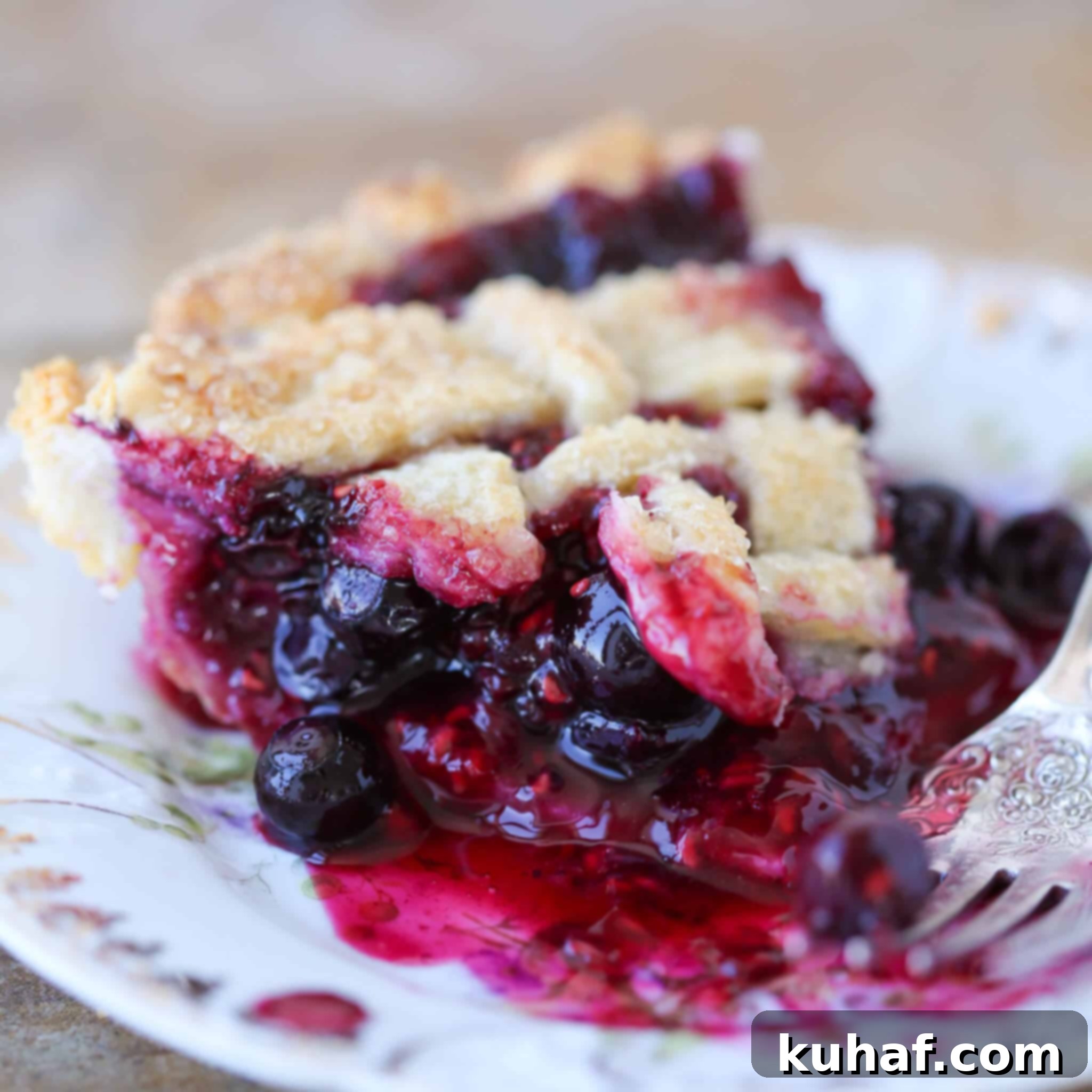 A slice of mixed berry pie on white antique plate.
