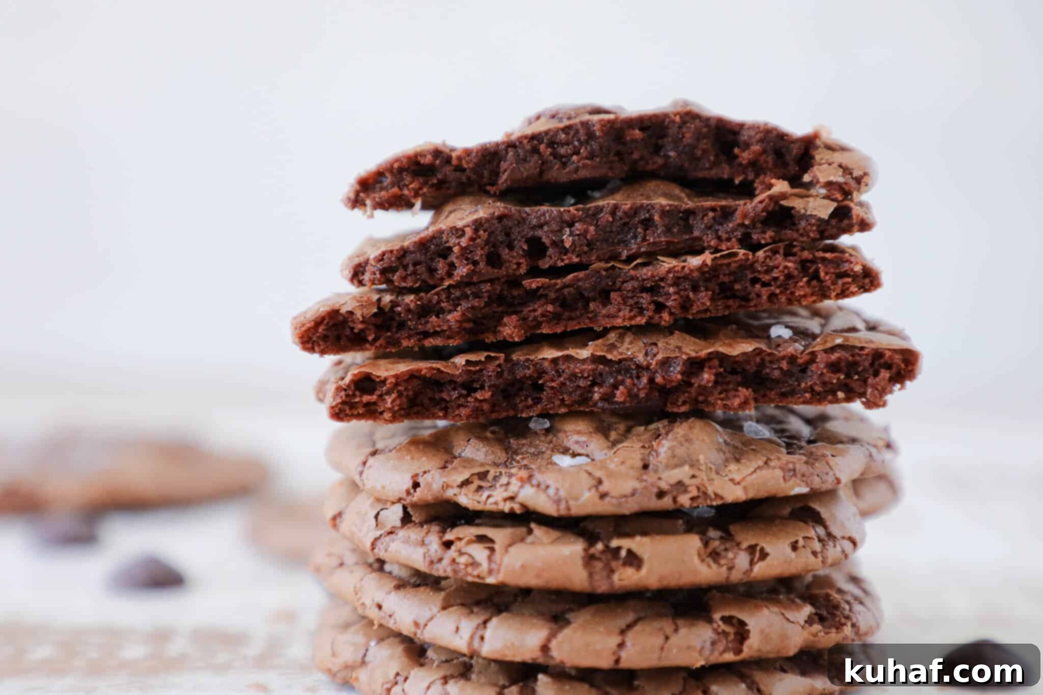 A stack of fudgy brownie cookies, some broken open to reveal the soft, chewy interior with melted chocolate chips.