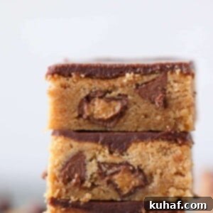 Fudgy Peanut Butter Reeses Chocolate Bars interior detail with melted chocolate and peanut butter