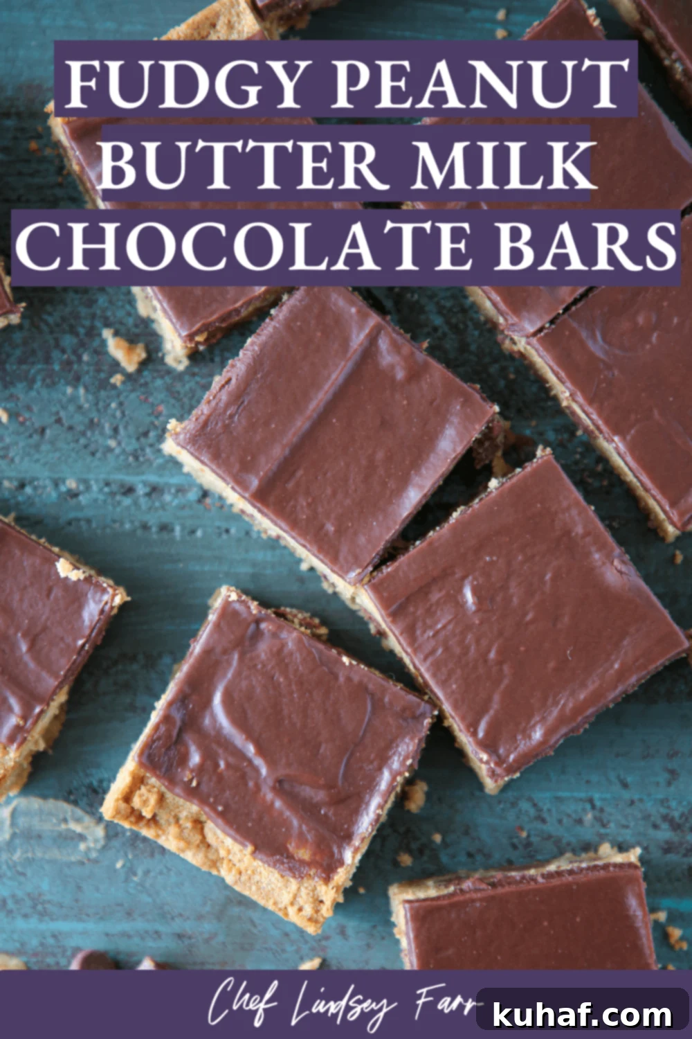 Fudgy Peanut Butter Milk Chocolate Bars on a dark background, highlighting their rich colors