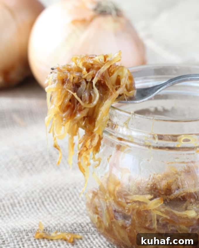Close-up of freshly made easy caramelized onions, golden brown and glistening, ready to elevate any dish.