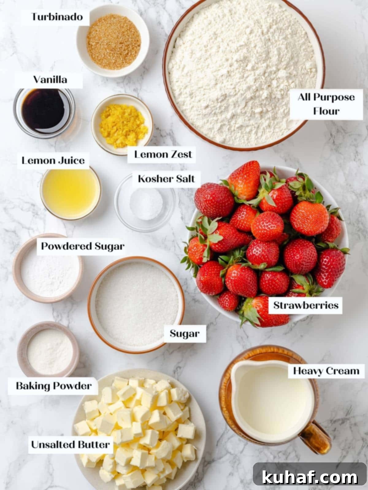 Strawberry Shortcake Solo 4 Neatly arranged measured ingredients for strawberry shortcakes on a kitchen counter, including flour, sugar, butter, lemons, and strawberries.