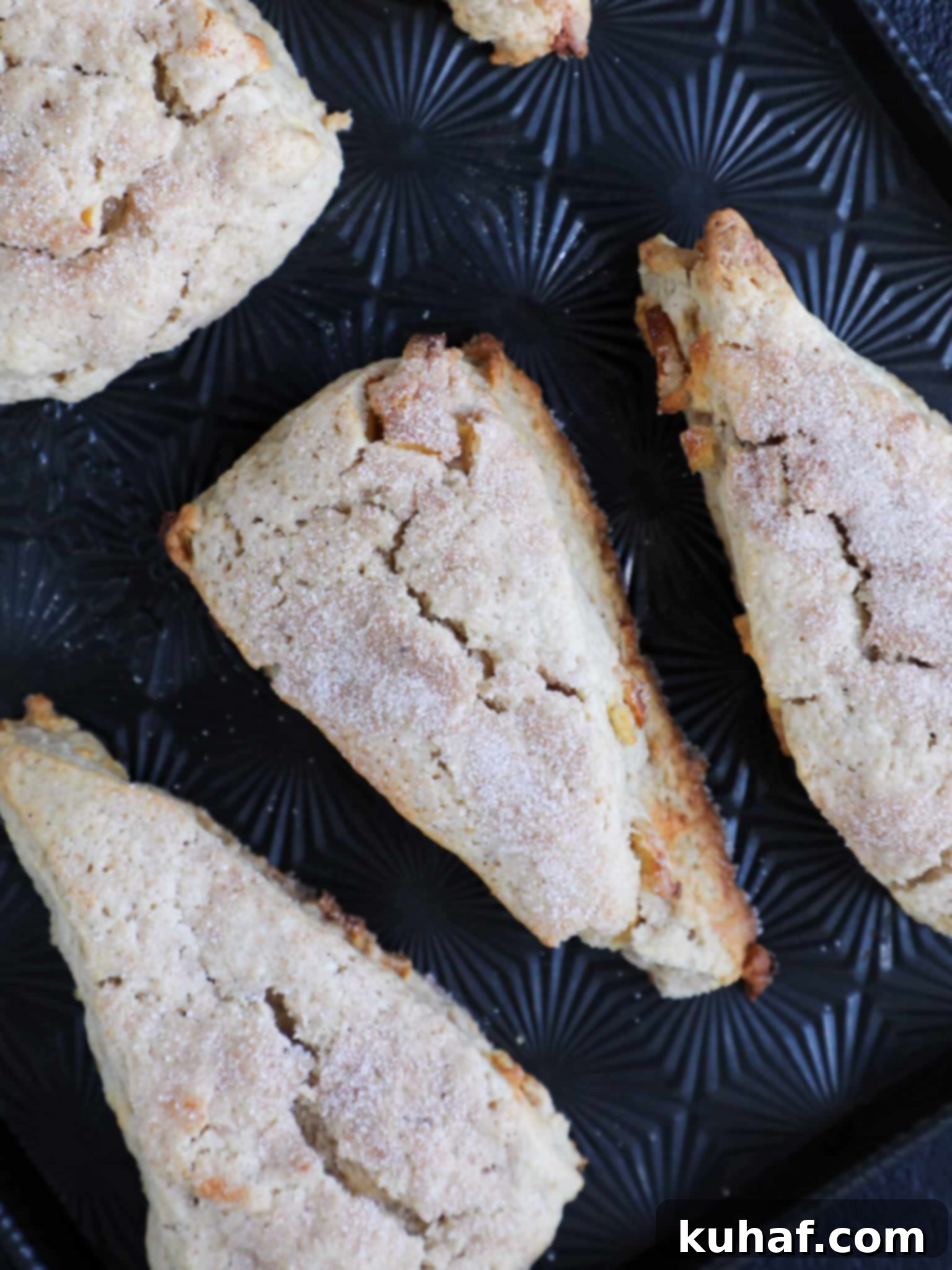 Warm Spiced Apple Scones 2 Close-up of freshly baked spiced apple scones in a baking dish, golden brown and inviting.