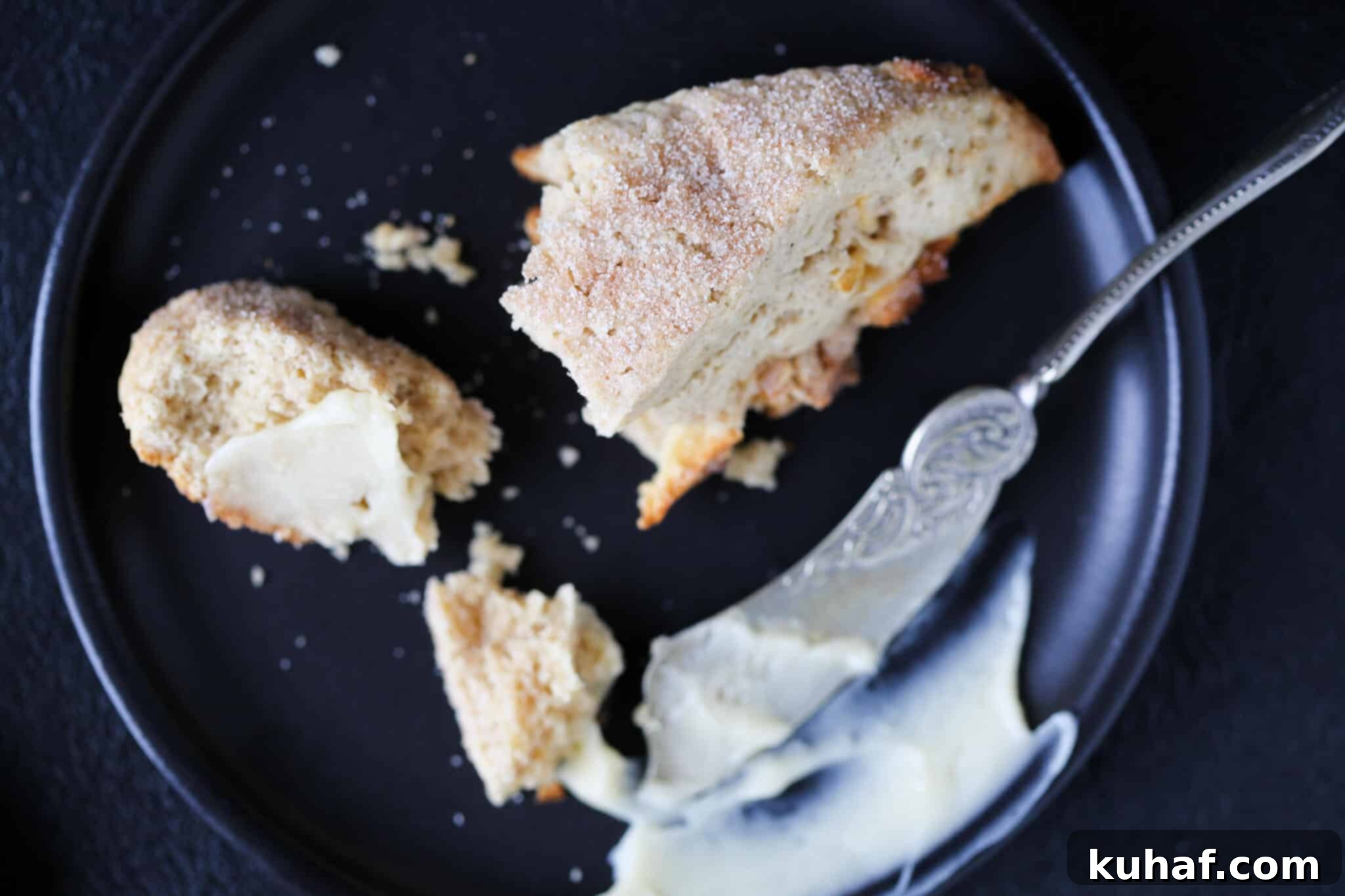 Warm Spiced Apple Scones 3 Two golden brown spiced apple scones on a black plate, showcasing their delicate texture.