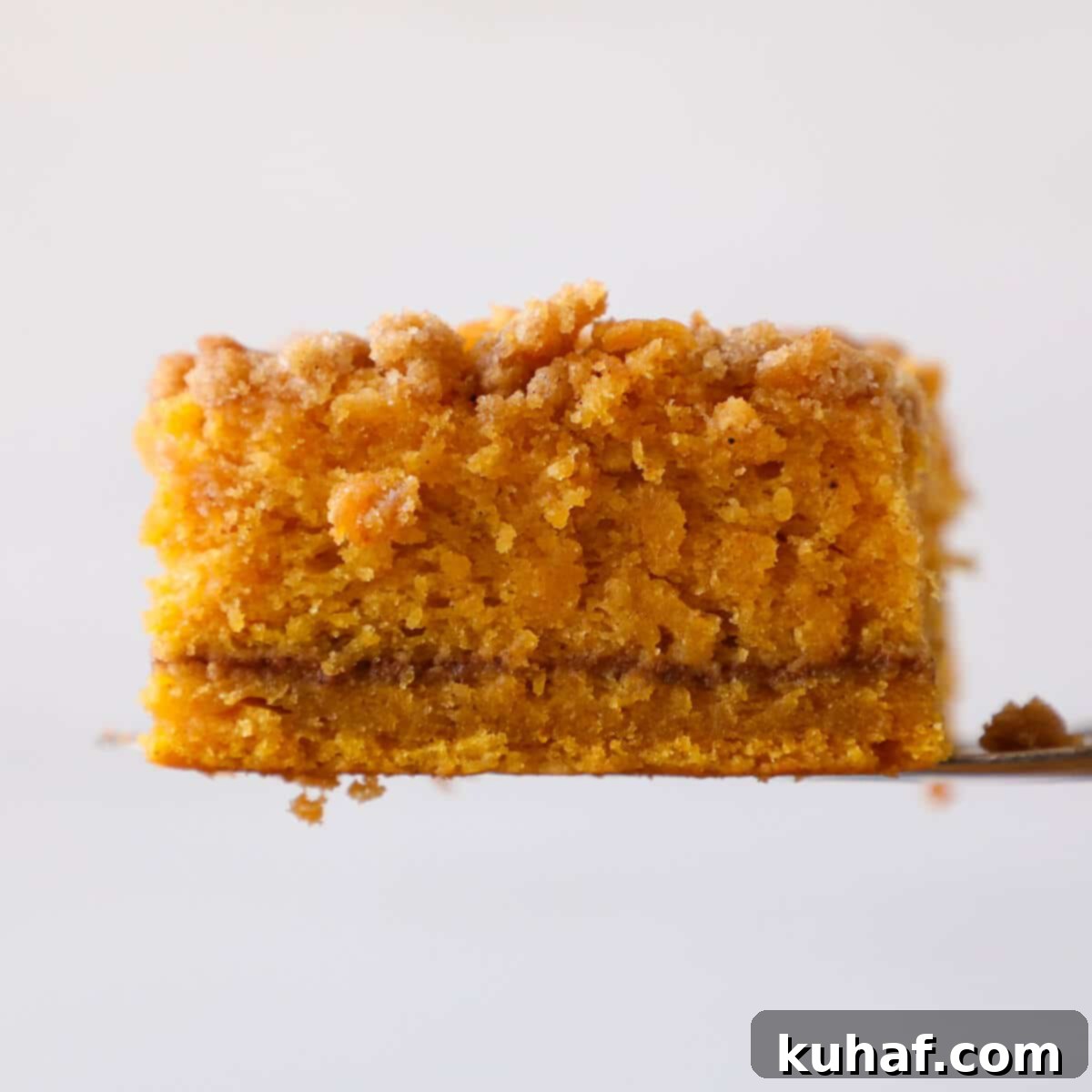 Detail view of a slice of pumpkin coffee cake, highlighting the distinct crumb topping and the moist interior layers. 