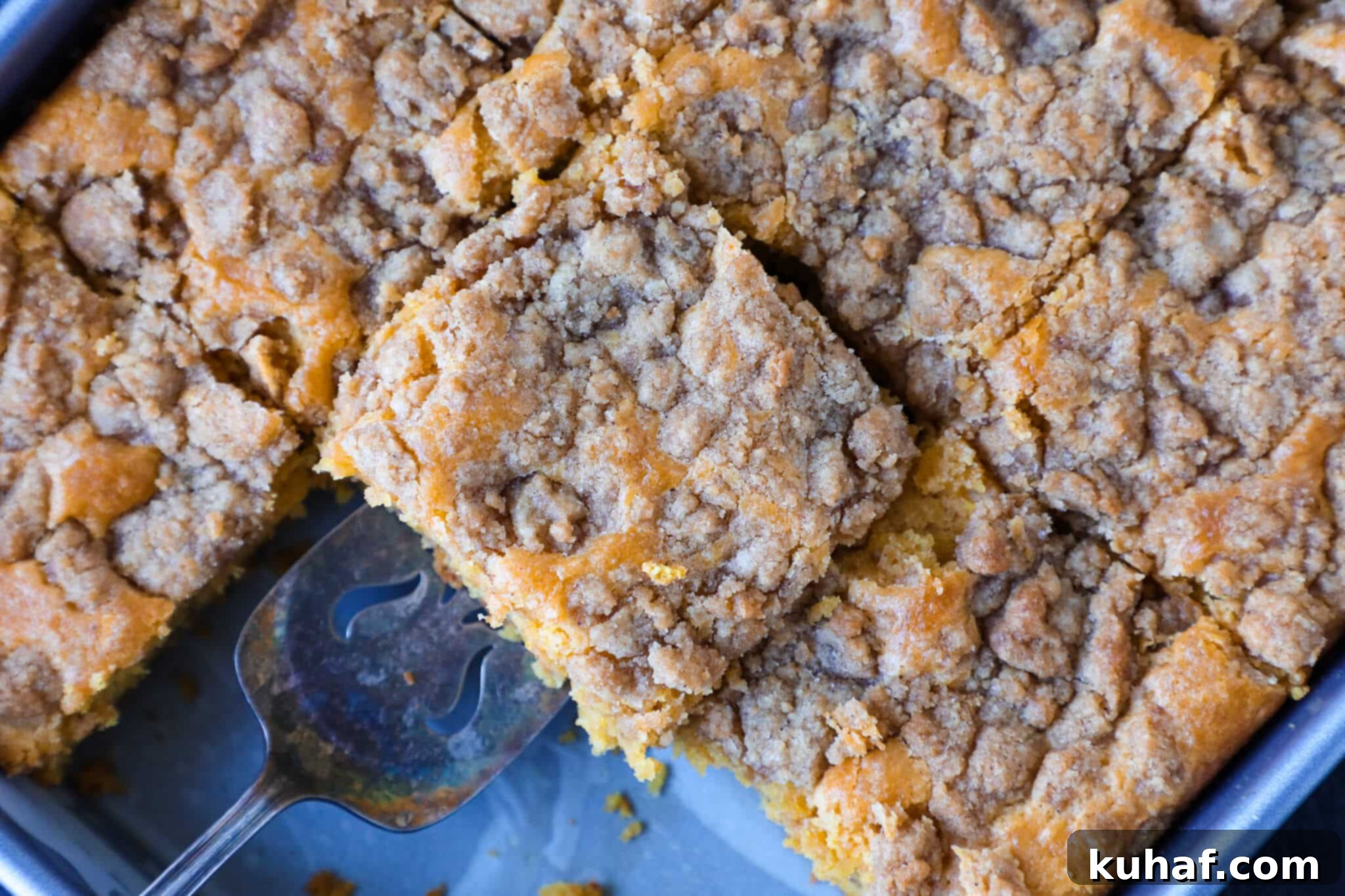 A large pumpkin coffee cake sliced and ready to be served from its baking dish.