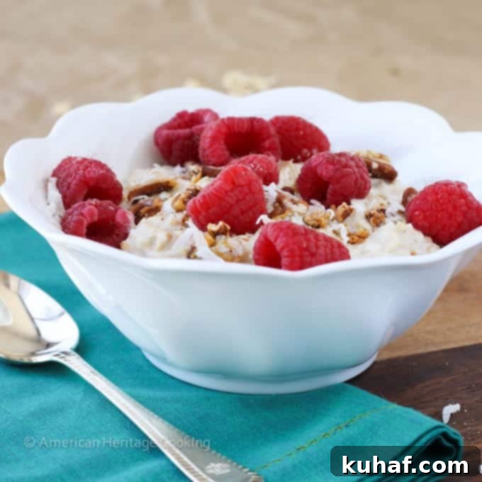 An overhead shot of Bircher Muesli with a cup of coffee, ready for breakfast.
