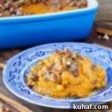 Lightened-Up Sweet Potato Casserole, a healthier version with a delicious crumble topping.