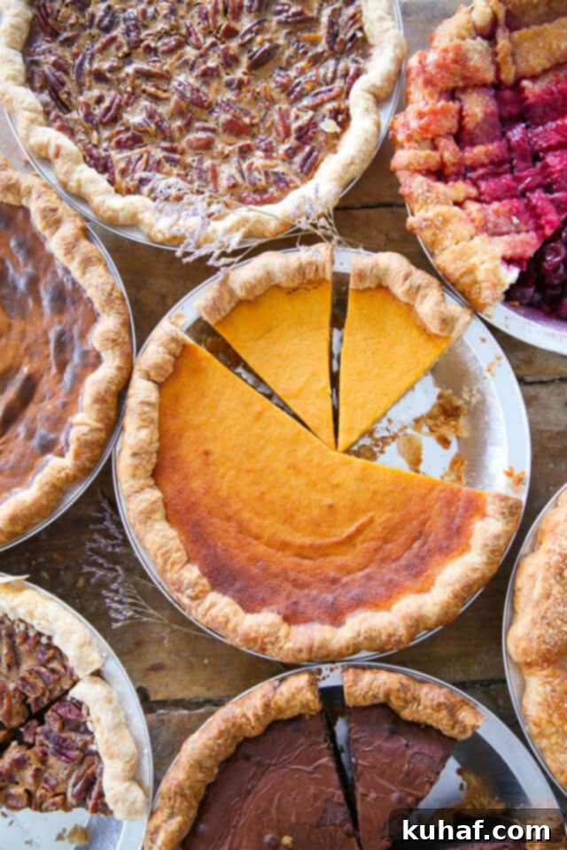 A vibrant selection of 25 Thanksgiving Pie Recipes, beautifully sliced and presented in individual pie tins, showcasing various colors and textures ready for a festive feast.