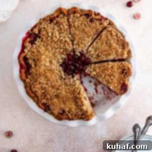 A perfectly sliced cranberry crumble pie, showcasing its rich, ruby-red filling and inviting crumb topping.