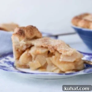 A delectable slice of Mile High Apple Pie, artfully arranged on a blue plate, highlighting its tall, rich filling and golden crust.