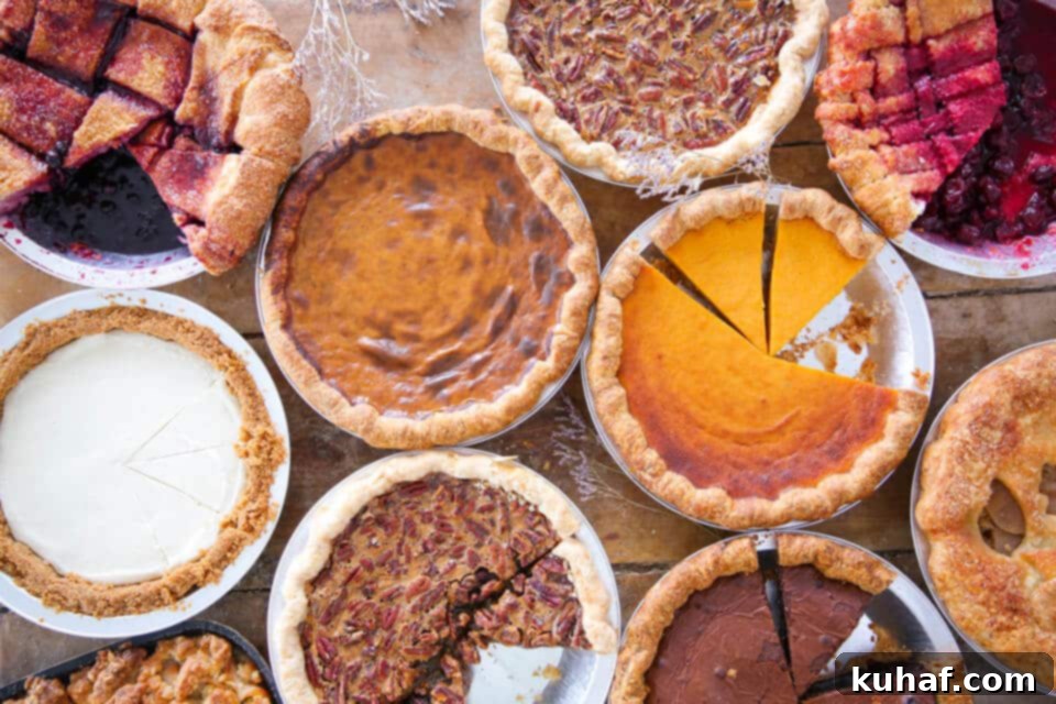 A stunning array of whole Thanksgiving pies, showcasing golden-brown crusts, diverse toppings, and inviting fillings, ready to be served and enjoyed at the holiday table.