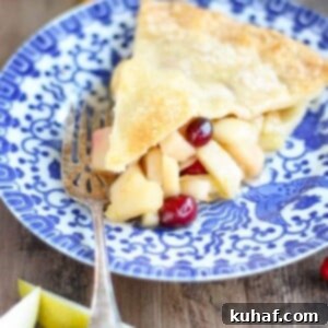 A perfectly triangular slice of Cranberry Orange Pear Pie, showcasing its vibrant filling and inviting crust.